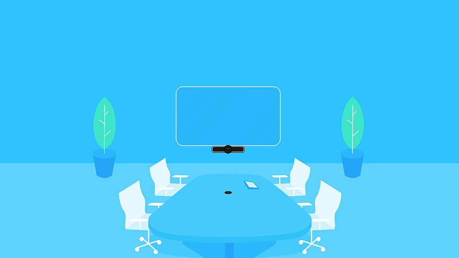Imagem gráfica de uma instalação de videoconferência e uma sala de conferência