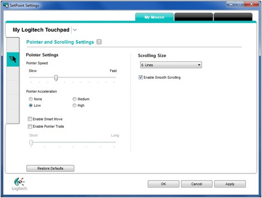 Touchpad pointer and scrolling settings