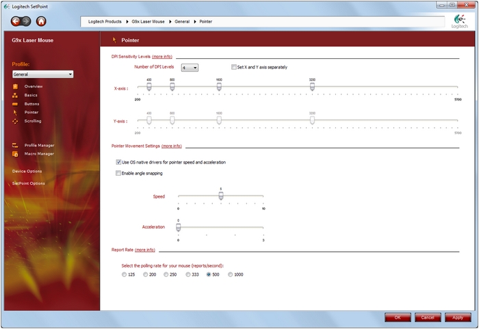 Pointer options window