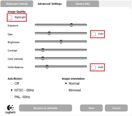 Fenêtre des paramètres avancés du logiciel de webcam