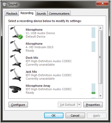 Вкладка Recording (Запись) в Windows 7