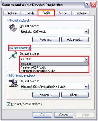 Onglet Audio de Windows XP