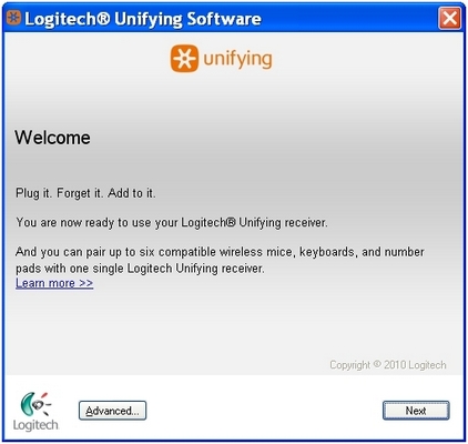 Logitech Unifying Software Welcome Screen