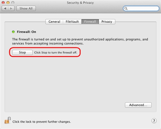 Stop firewall on Mac OS X