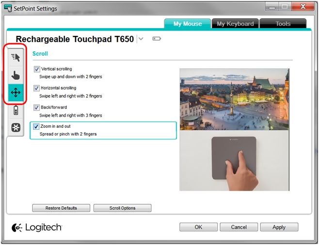 Supported gestures for the T650 touchpad with Windows 7 and Windows 8