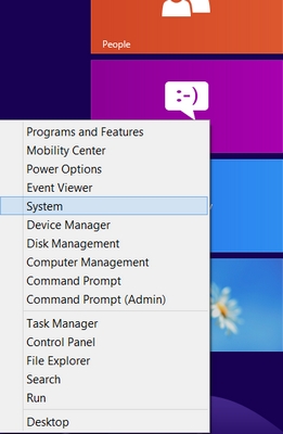 Sélectionnez les propriétés système dans Windows 8