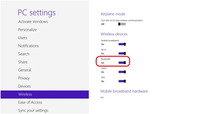 Windows 8 PC Settings with Bluetooth On