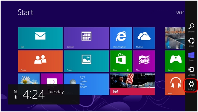 Windows 8 Start screen Settings highlighted