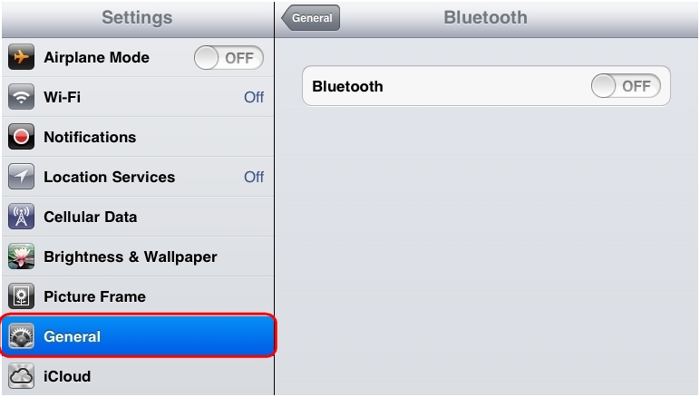 iOS General Settings Bluetooth