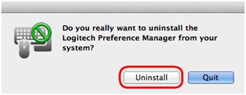 Okno dialogowe deinstalacji oprogramowania Logitech Preference Manager