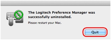 Finestra di dialogo di uscita dal programma di disinstallazione di Logitech Preference Manager