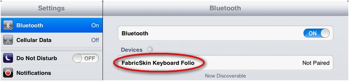 FabricSkin Keyboard Folio in der Bluetooth-Geräteliste