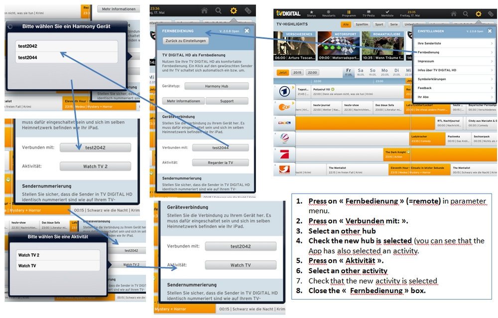 TV DIGITAL HD app selecting hubs
