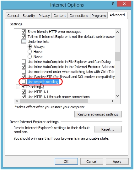 Internet Explorer options: clear Smooth Scrolling