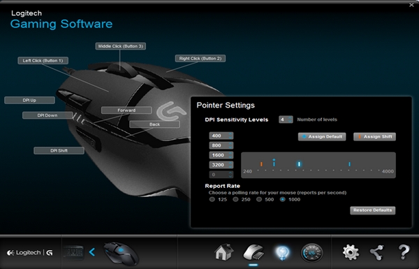 Écran de configuration de la mémoire interne de la souris G402