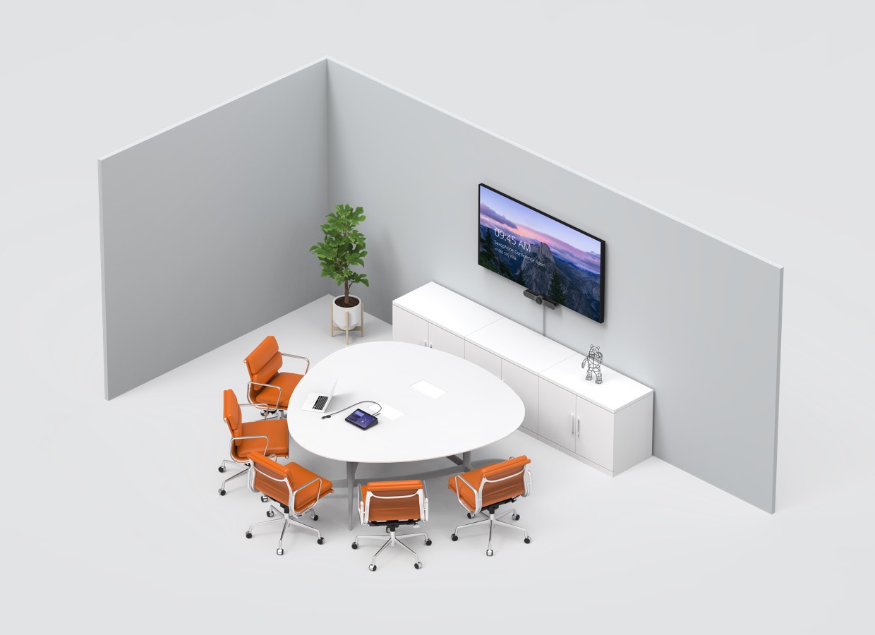 Sala de reuniões com Lenovo Thinksmart pequeno e solução para salas Logitech Tap