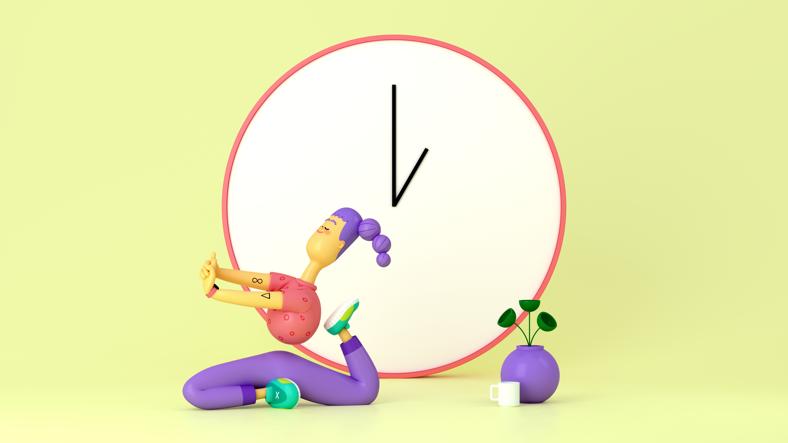 Abbildung: Person, die Yoga übt, mit Uhr im Hintergrund