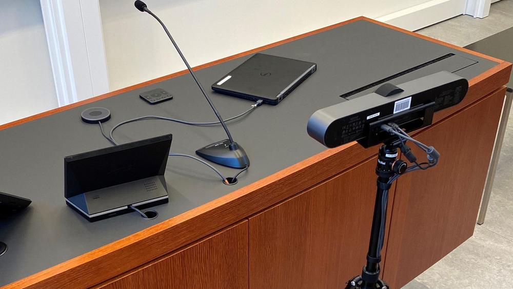 Video conferencing equipment desk setup